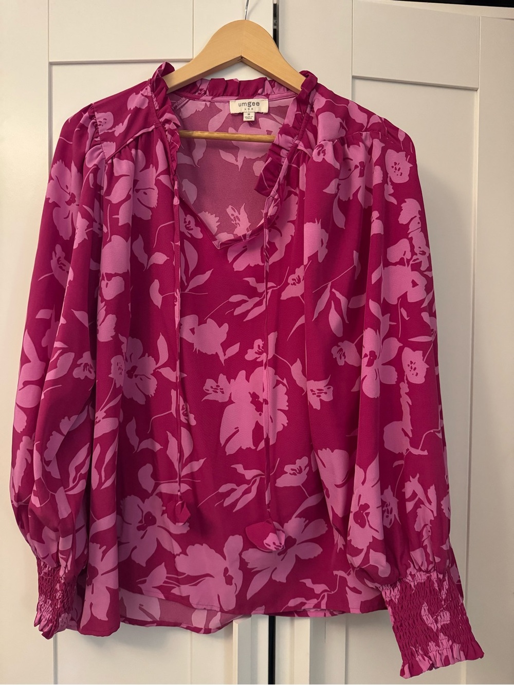 Umgee Fuchsia and Light Pink Floral Tie-Neck Blouse